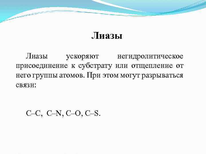 Лиазы ускоряют негидролитическое присоединение к субстрату или отщепление от него группы атомов. При этом