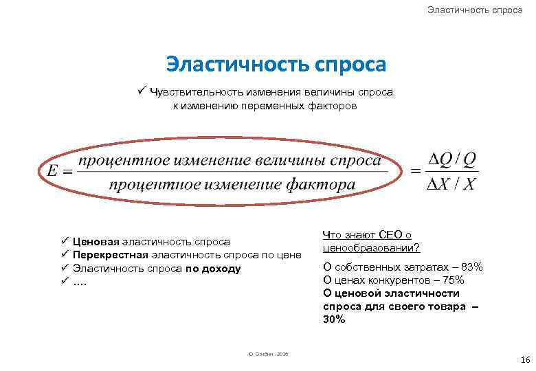 Эластичность спроса ü Чувствительность изменения величины спроса к изменению переменных факторов ü Ценовая эластичность