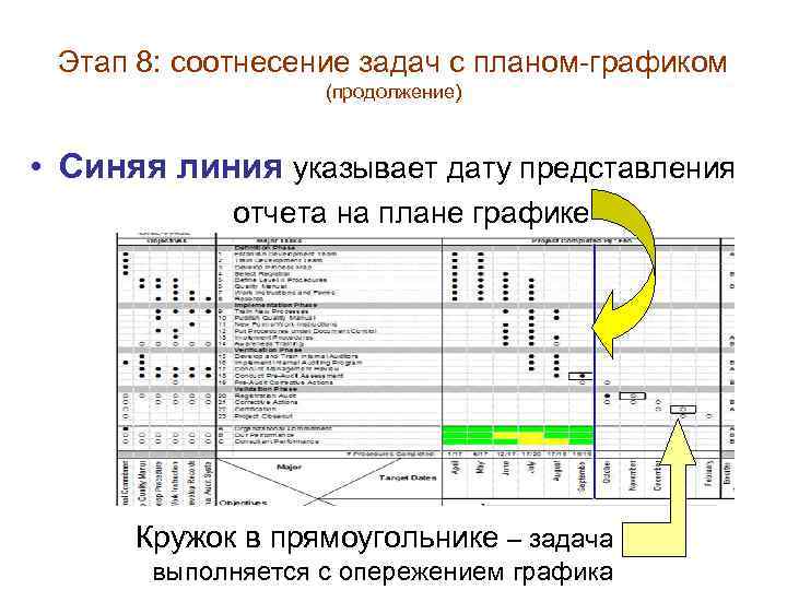 Этап 8: соотнесение задач с планом-графиком (продолжение) • Синяя линия указывает дату представления отчета