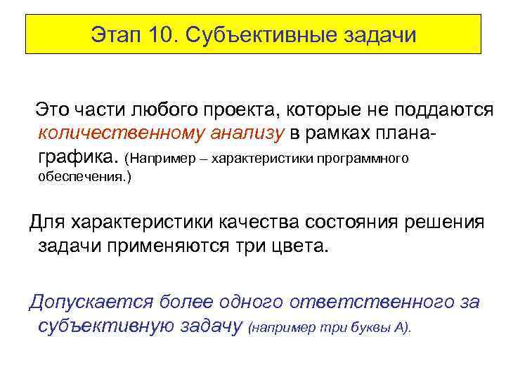 Этап 10. Субъективные задачи Это части любого проекта, которые не поддаются количественному анализу в