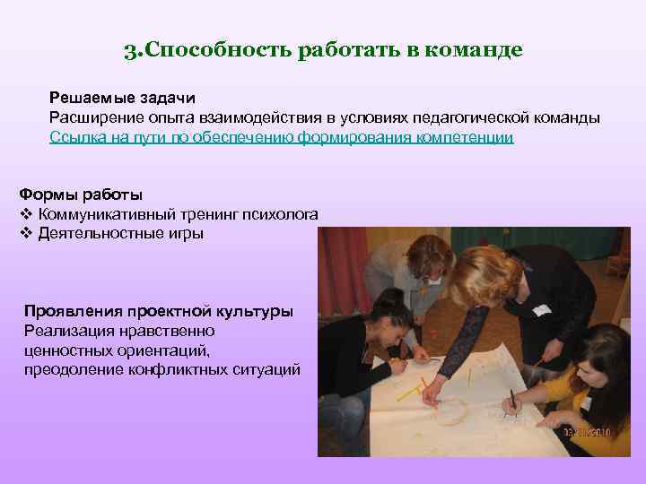3. Способность работать в команде Решаемые задачи Расширение опыта взаимодействия в условиях педагогической команды