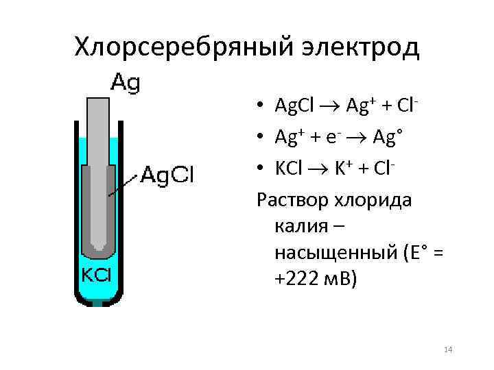 Хлорсеребряный электрод • Ag. Cl Ag+ + Cl • Ag+ + е- Ag° •