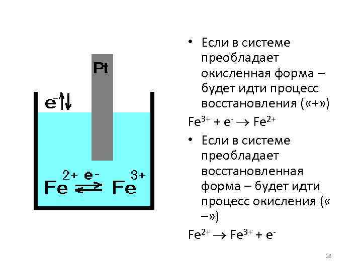  • Если в системе преобладает окисленная форма – будет идти процесс восстановления (