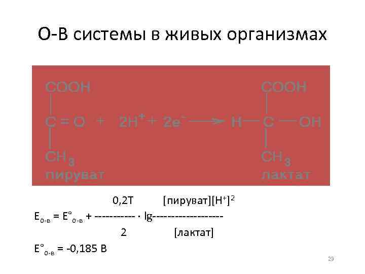 О-В системы в живых организмах 0, 2 Т [пируват][H+]2 Ео-в = Е°о-в + ------