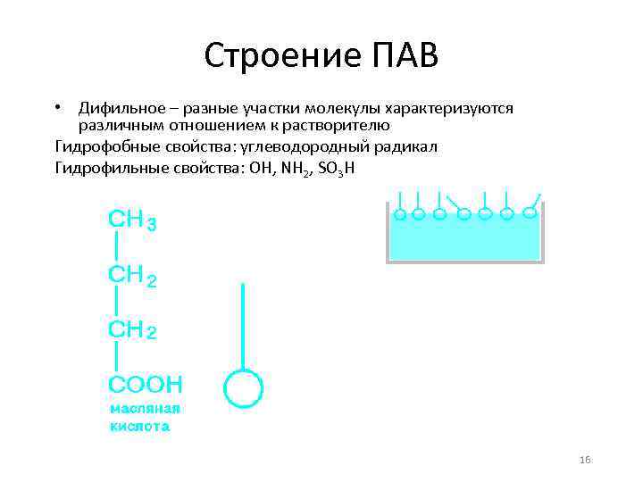 Строение ПАВ • Дифильное – разные участки молекулы характеризуются различным отношением к растворителю Гидрофобные