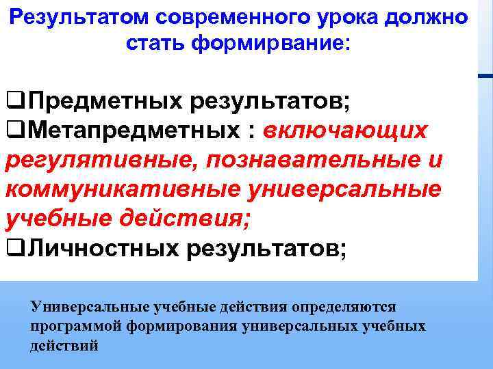 Результатом современного урока должно стать формирвание: q. Предметных результатов; q. Метапредметных : включающих регулятивные,