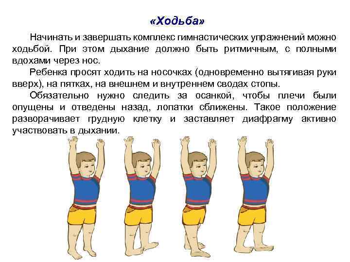  «Ходьба» Начинать и завершать комплекс гимнастических упражнений можно ходьбой. При этом дыхание должно