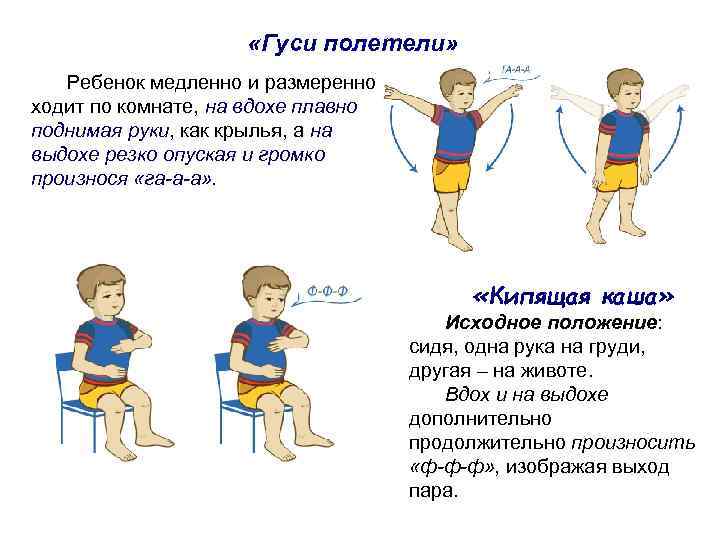  «Гуси полетели» Ребенок медленно и размеренно ходит по комнате, на вдохе плавно поднимая
