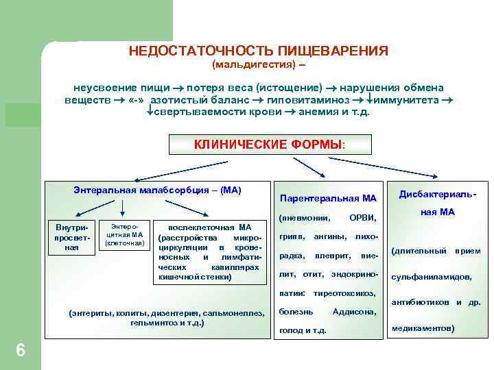 НЕДОСТАТОЧНОСТЬ ПИЩЕВАРЕНИЯ (мальдигестия) – неусвоение пищи потеря веса (истощение) нарушения обмена веществ «-» азотистый