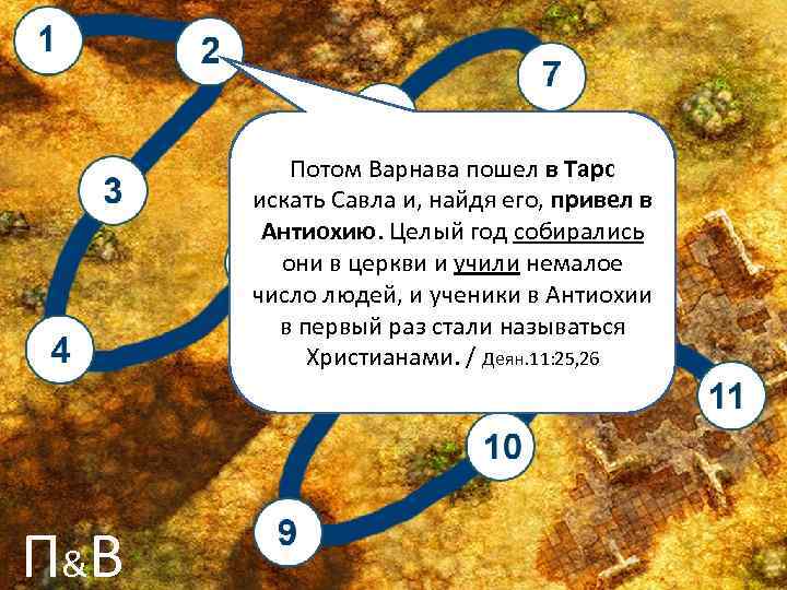 Потом Варнава пошел в Тарс искать Савла и, найдя его, привел в Антиохию. Целый