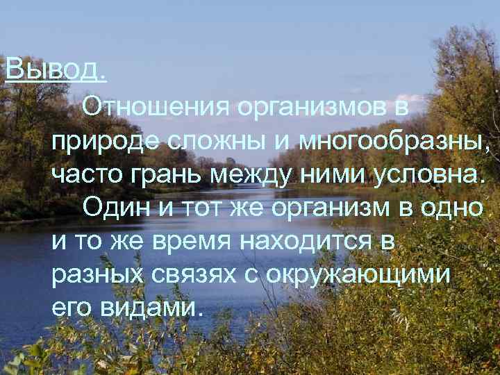 Вывод. Отношения организмов в природе сложны и многообразны, часто грань между ними условна. Один