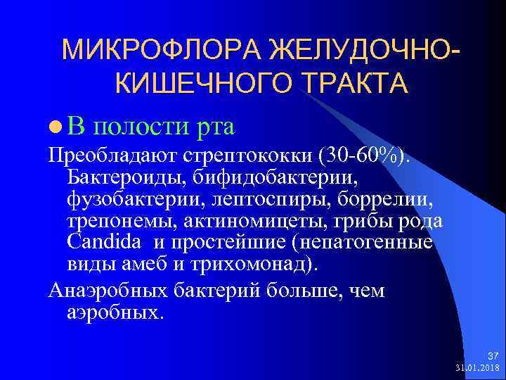 МИКРОФЛОРА ЖЕЛУДОЧНОКИШЕЧНОГО ТРАКТА l В полости рта Преобладают стрептококки (30 -60%). Бактероиды, бифидобактерии, фузобактерии,