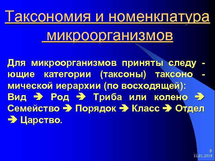 Таксономия и номенклатура микроорганизмов Для микроорганизмов приняты следу ющие категории (таксоны) таксоно мической иерархии