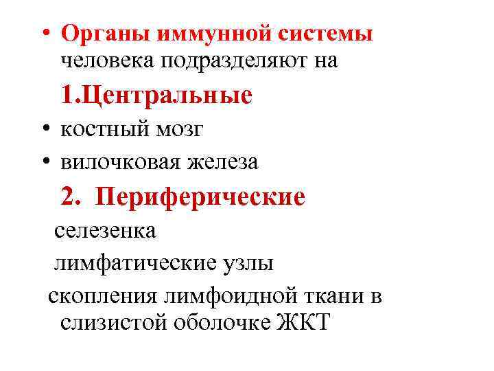  • Органы иммунной системы человека подразделяют на 1. Центральные • костный мозг •