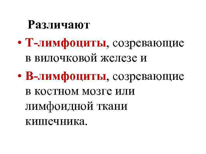 Различают • Т-лимфоциты, созревающие в вилочковой железе и • В-лимфоциты, созревающие в костном мозге