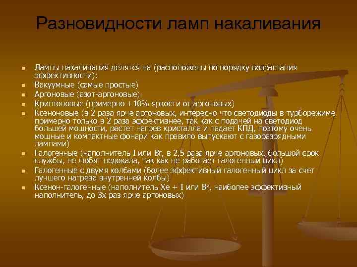 Разновидности ламп накаливания n n n n Лампы накаливания делятся на (расположены по порядку