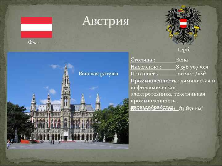 Австрия Флаг Герб Венская ратуша Столица : Вена Население : 8 356 707 чел.