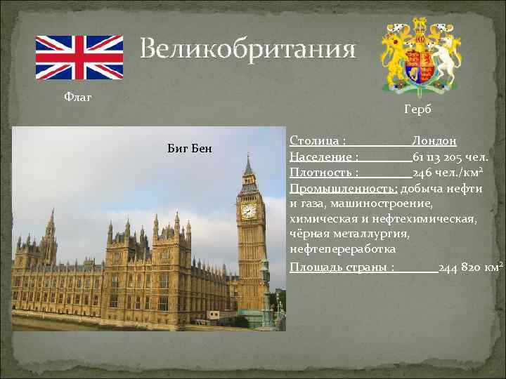 Великобритания Флаг Герб Биг Бен Столица : Лондон Население : 61 113 205 чел.