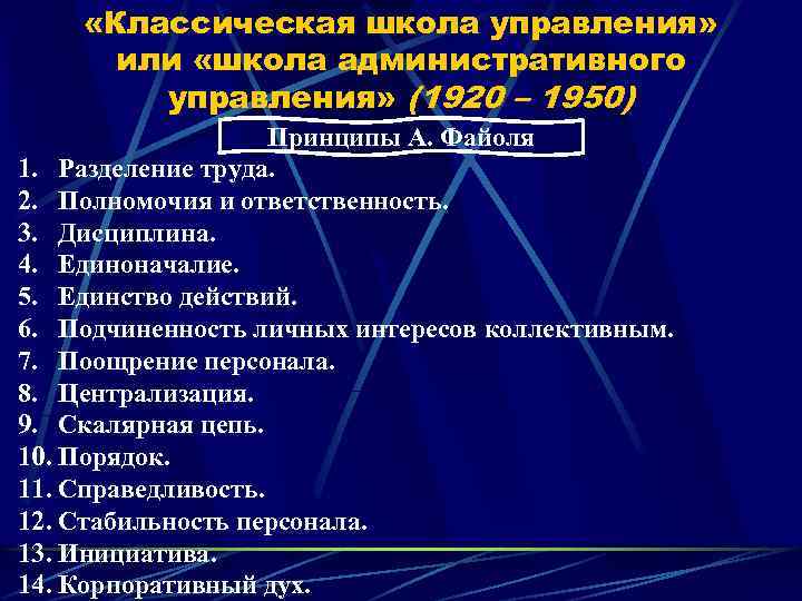  «Классическая школа управления» или «школа административного управления» (1920 – 1950) Принципы А. Файоля