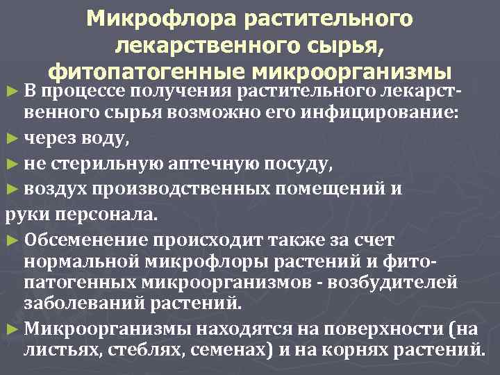 Микрофлора растительного лекарственного сырья, фитопатогенные микроорганизмы ► В процессе получения растительного лекарст- венного сырья