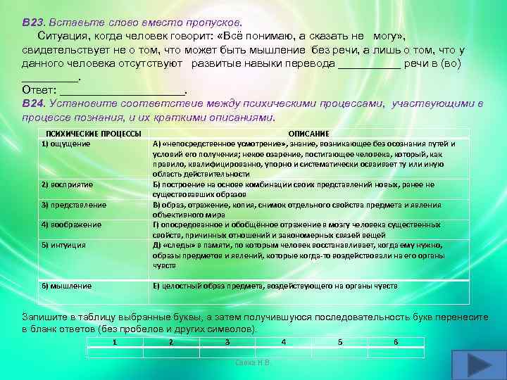 В 23. Вставьте слово вместо пропусков. Ситуация, когда человек говорит: «Всё понимаю, а сказать