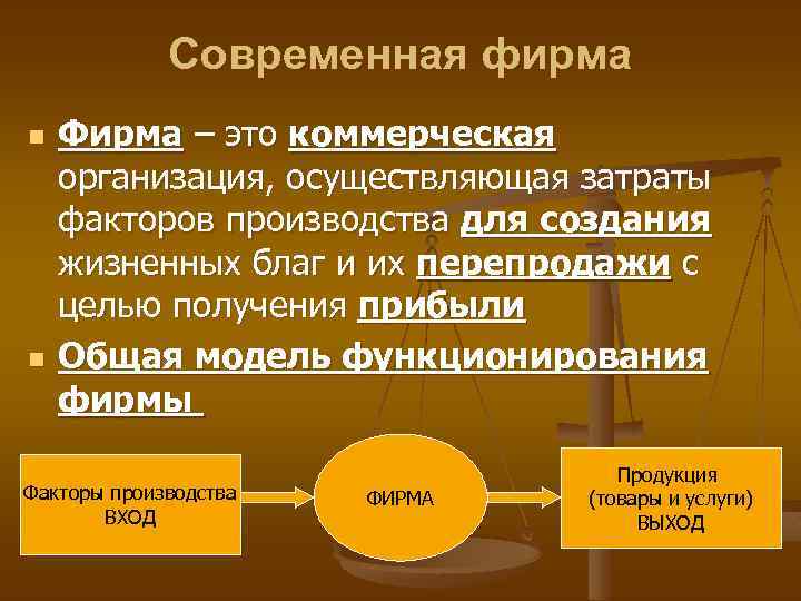 Современная фирма n n Фирма – это коммерческая организация, осуществляющая затраты факторов производства для