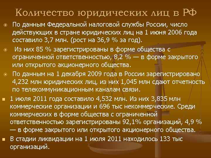 Количество юридических лиц в РФ n n По данным Федеральной налоговой службы России, число