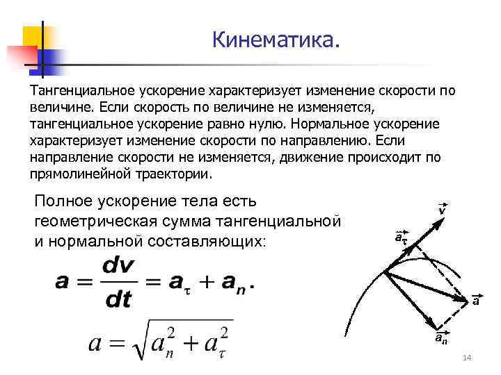 Кинематика. Тангенциальное ускорение характеризует изменение скорости по величине. Если скорость по величине не изменяется,
