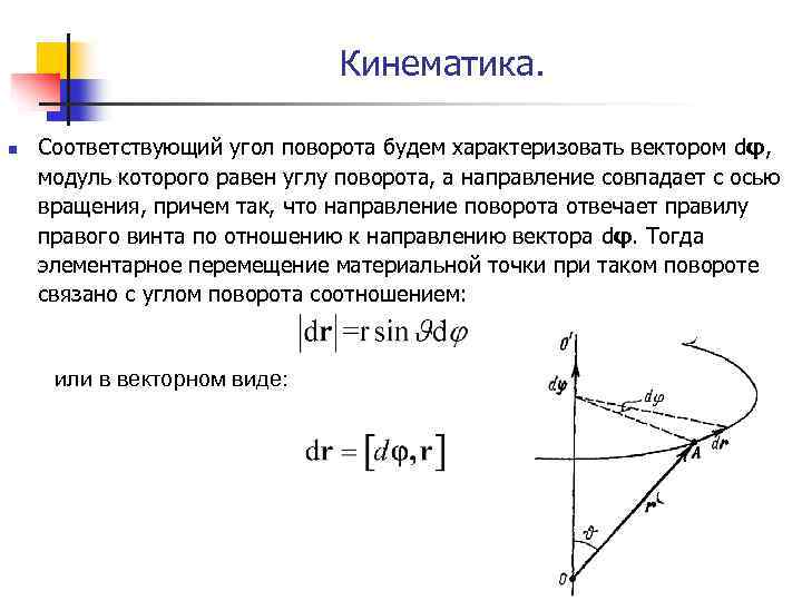 Кинематика. n Соответствующий угол поворота будем характеризовать вектором dφ, модуль которого равен углу поворота,