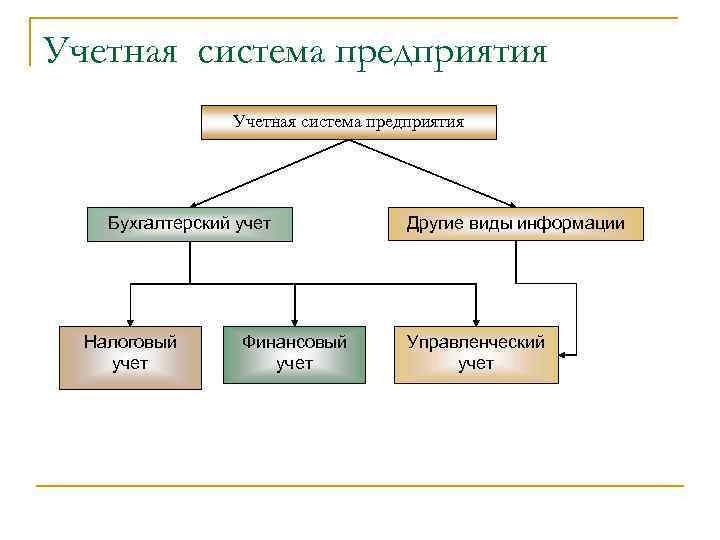 Учетная система предприятия Бухгалтерский учет Налоговый учет Финансовый учет Другие виды информации Управленческий учет
