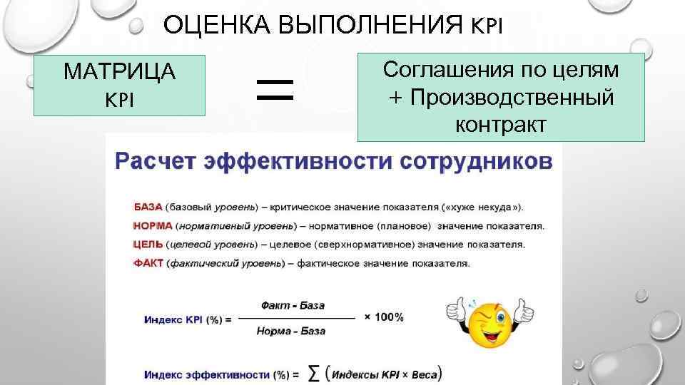 ОЦЕНКА ВЫПОЛНЕНИЯ KPI МАТРИЦА KPI = Соглашения по целям + Производственный контракт 