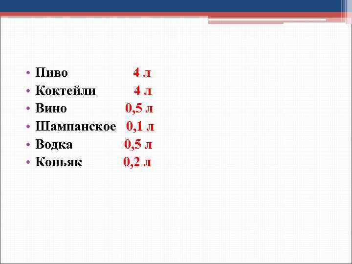  • • • Пиво 4 л Коктейли 4 л Вино 0, 5 л