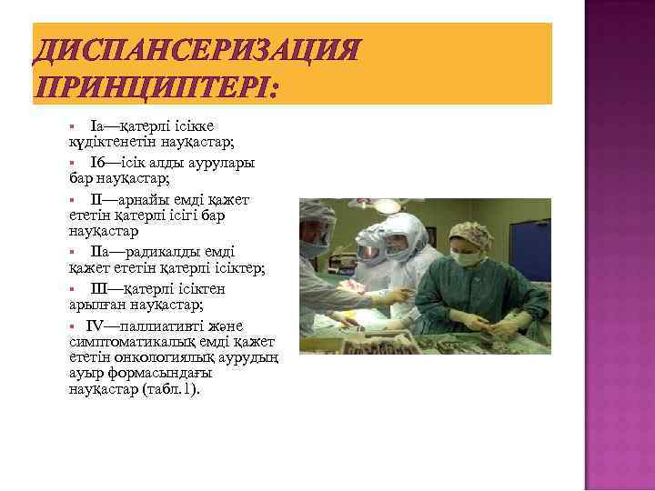 ДИСПАНСЕРИЗАЦИЯ ПРИНЦИПТЕРІ: Iа—қатерлі ісікке күдіктенетін науқастар; I 6—ісік алды аурулары бар науқастар; II—арнайы емді