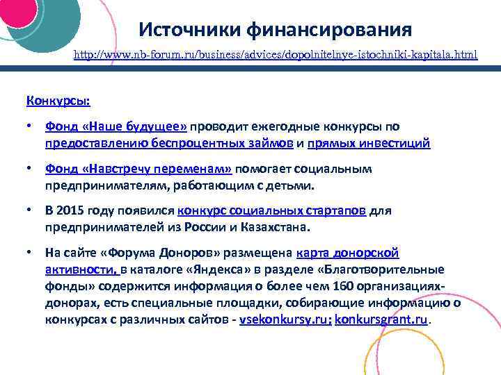Источники финансирования http: //www. nb-forum. ru/business/advices/dopolnitelnye-istochniki-kapitala. html Конкурсы: • Фонд «Наше будущее» проводит ежегодные