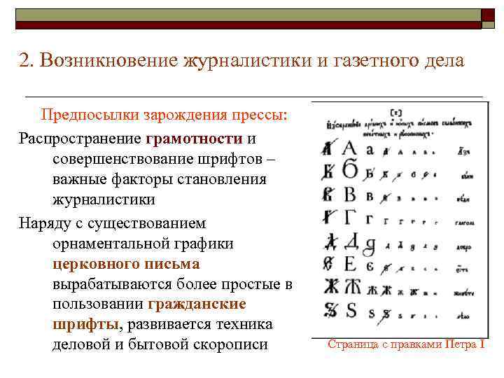 2. Возникновение журналистики и газетного дела Предпосылки зарождения прессы: Распространение грамотности и совершенствование шрифтов