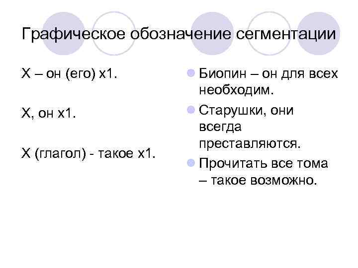 Графическое обозначение сегментации Х – он (его) х1. Х, он х1. Х (глагол) -