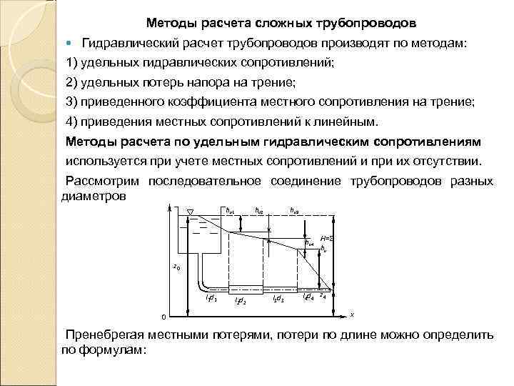 Методы расчета сложных трубопроводов Гидравлический расчет трубопроводов производят по методам: 1) удельных гидравлических сопротивлений;
