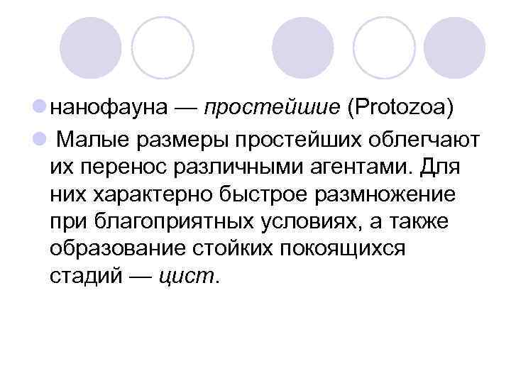 l нанофауна — простейшие (Protozoa) l Малые размеры простейших облегчают их перенос различными агентами.