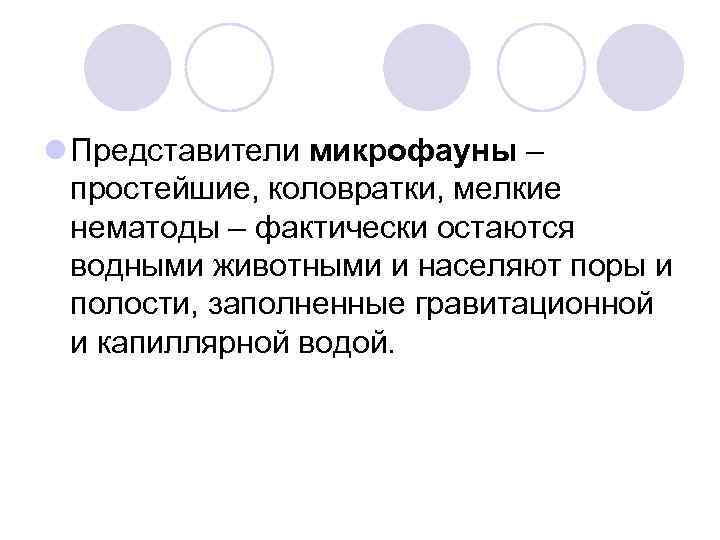 l Представители микрофауны – простейшие, коловратки, мелкие нематоды – фактически остаются водными животными и