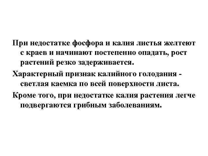При недостатке фосфора и калия листья желтеют с краев и начинают постепенно опадать, рост