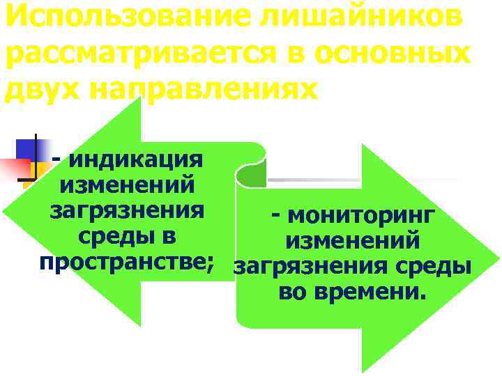 Использование лишайников рассматривается в основных двух направлениях - индикация изменений загрязнения - мониторинг среды