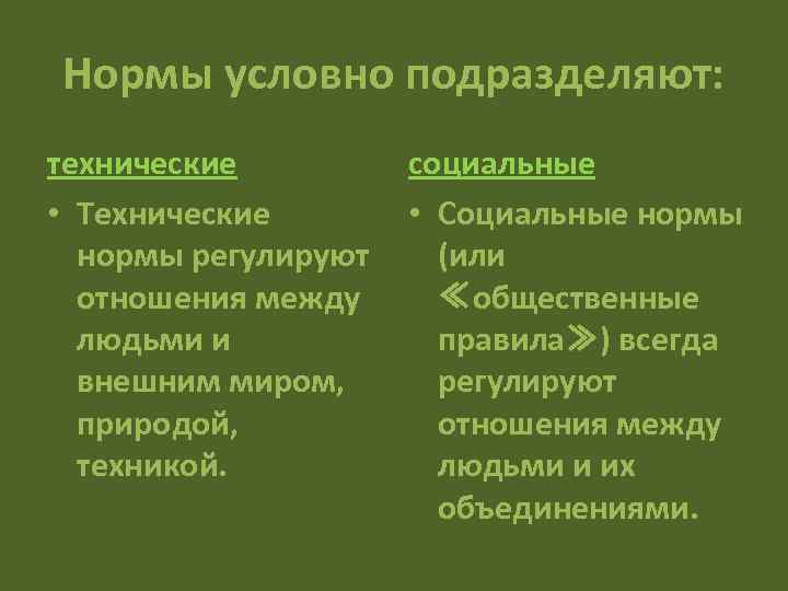 Нормы условно подразделяют: технические • Технические нормы регулируют отношения между людьми и внешним миром,