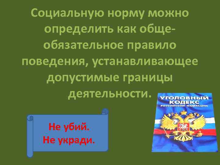 Социальную норму можно определить как общеобязательное правило поведения, устанавливающее допустимые границы деятельности. Не убий.