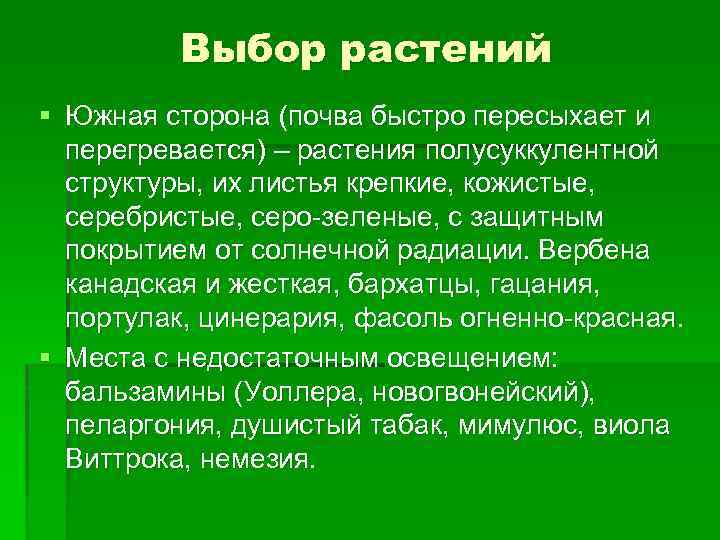 Выбор растений § Южная сторона (почва быстро пересыхает и перегревается) – растения полусуккулентной структуры,