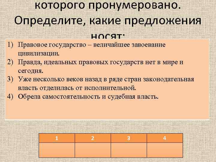 которого пронумеровано. Определите, какие предложения носят: завоевание 1) Правовое государство – величайшее цивилизации. А)