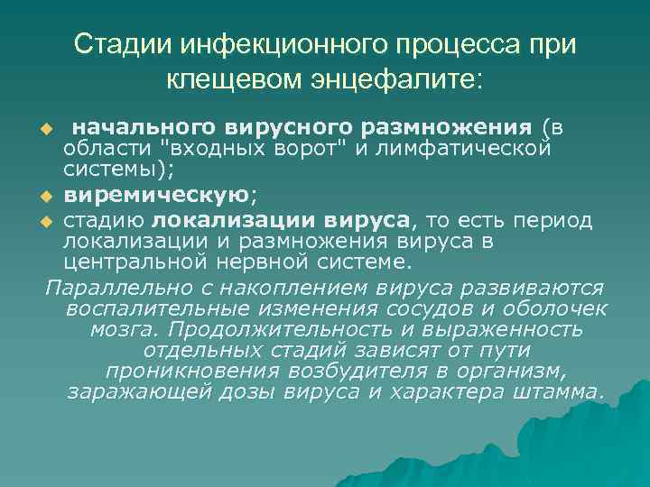 Стадии инфекционного процесса при клещевом энцефалите: начального вирусного размножения (в области 