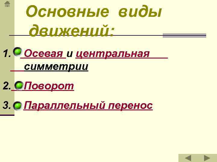  Основные виды движений: 1. Осевая и центральная симметрии 2. Поворот 3. Параллельный перенос