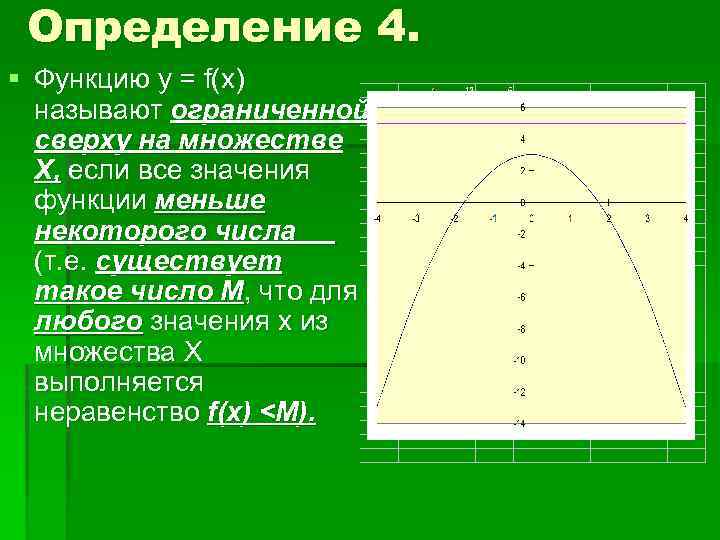 Определение 4. § Функцию у = f(x) называют ограниченной сверху на множестве Х, если