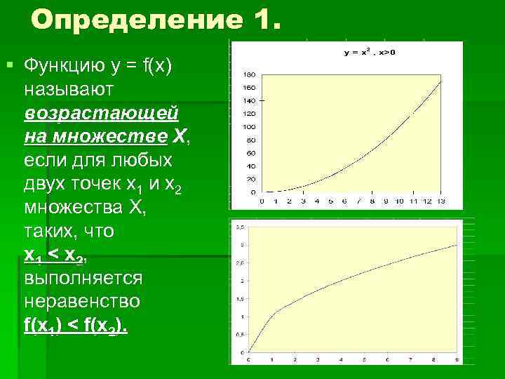 Определение 1. § Функцию у = f(x) называют возрастающей на множестве Х, если для