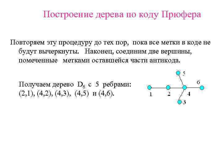 Построение дерева по коду Прюфера Повторяем эту процедуру до тех пор, пока все метки